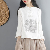 National Wind Embroidery Pure Cotton Cotton Cotton Woman Spring Clothing New Long-sleeved Shirt Chinese Wind Retroit Disk
