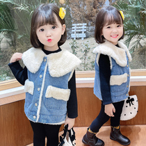 Girls plus velvet denim vest autumn and winter children Korean version of foreign style vest female baby winter thick coat