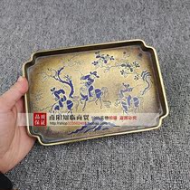 Antique old pure copper brass plate tea plate tray Seal carving hunting picture Cloisonne baked blue antique bronze ornaments