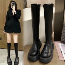 Black thick-soled small man long boots womens shoes 2021 new mid-barrel high-Knight spring and autumn single boots
