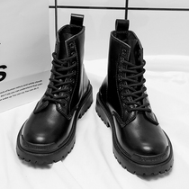 Leather Martin boots male British style high-help middle-help cowhide black autumn lace-up round head thick-soled high-fitting shoes