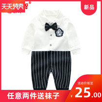  Newborn baby clothes spring and summer 0-1 male baby romper gentleman handsome one-piece spring and autumn pure cotton thin section