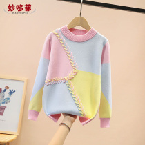 Girls sweater autumn and winter plus velvet thickened fashion big childrens knitwear childrens pullover sweater thread coat cotton