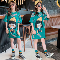  Girls  dresses Summer thin mid-length short-sleeved t-shirt skirt Loose casual summer clothes Mid-length childrens long skirt