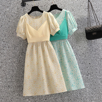(Chubby girl outfit)Large size fat MM dress Floral tea break skirt Small man suspender two-piece suit