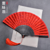 Summer Chinese ancient style fan Big red black lace lady Japanese style folding fan dancing fan Ju Jingyi