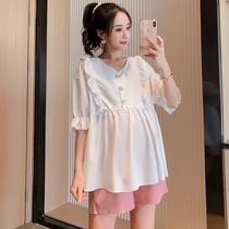 Maternity net red suit Spring maternity suit Summer tide Mom fashion out top Short sleeve loose large size shirt