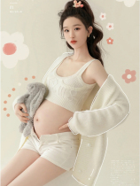 Pregnant women photo clothing couple photo fashion white sling knitted aesthetic art photo fresh big belly mummy photo