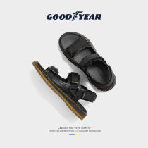 Goodyear Genuine Leather Sandals Mens Summer New Trends Soft-bottom Dual-use Beach Shoes Men Drive Outside Cool Slippers