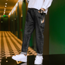 Boys 2021 spring jeans children Spring middle and big black trousers slim small feet pants tide