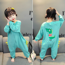 Childrens conjoined pajamas spring and autumn cotton boys and women sleeping bags dinosaur pajamas baby anti-kick climbing clothes cute home clothes