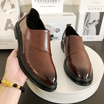 Brock mens shoes British retro one-pedal winter Korean Brown business casual pointed leather shoes dress wedding shoes