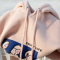 Gentle and sweet wind 380g heavy rose powder hooded sweater women autumn and winter thin velvet ins loose couple hoodie