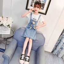 Girls Net Red Bear cowboy skirt set 2021 new summer in the big boy foreign fashion fashion suspenders skirt