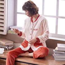 Autumn and winter pregnant womens pajamas female coral velvet nursing warm plus velvet thickened postpartum spring and autumn flannel moonwear suit
