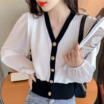 Autumn thin French retro v-neck chiffon knitted cardigan womens design sense niche loose long-sleeved chic top