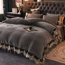 European luxury luxury high-grade milk velvet bed skirt four-piece Winter thickened coral velvet lace sheets quilt cover bed hats
