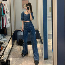 2021 spring new Korean version suit women retro short denim top wide leg pants fashion two-piece set