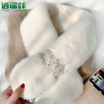 Winter Velvet Neck Season New Grass Bead Style Pearl Hair Scarf Womens Pearl Buckle Fork Thickened Faux Leather Rex Rabbit Hair Scarf Cross Set