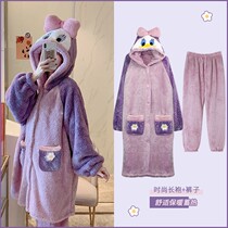 Pajamas women fall winter plus velvet padded coral fleece long can be worn outside nightgown women winter nightgown women new home clothes
