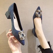 High-heeled shoes female chunky-heel new diamond ladies shoes surest soft bottom shoes tip suede dont grind foot
