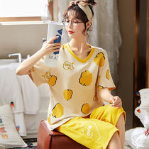 Short-sleeved three-point pants new summer cotton womens pajamas casual cartoon fashion cotton home clothes for summer women