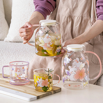West Bill Cherry Blossom Rabbit Glass Kettle Cup Suit Cold Kettle High Temperature Resistant Large Capacity Glass Cup Female High Face Value
