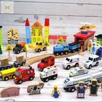 Wooden magnetic train track scene decoration accessories road sign doll manual cart compatible with millet toys