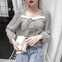 French retro square collar short shirt womens long sleeve autumn 2021 new bubble sleeve shirt tide