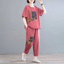 Cotton single suit 2021 new large size printing literary short-sleeved top womens casual loose thin two-piece set