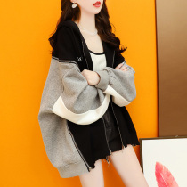 Large size womens new spring and autumn hooded zipper sweater womens design sense fat mm thin coat Joker