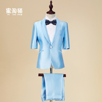 Childrens dress boy suit 2021 new summer short-sleeved blue catwalk piano performance small host suit