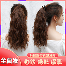 Full real hair ponytail wig female net red short strap micro roll Medium long natural wool roll Corn hot incognito patch
