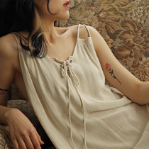 Harness Sleeping Skirt Woman Thin cotton linen Long dress Summer comfortable and breathable Big code linen pure desire to wear outside home clothes