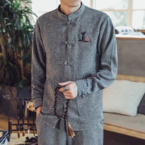 Chinese style Tang suit shirt men linen suit spring and autumn meditation shirt gown buckle ancient wind thin linen