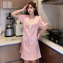 Pajamas womens short-sleeved ice silk night dress summer sweet and cute thin simulation silk lace princess style doll collar