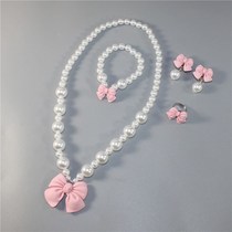 Childrens Pearl Necklace Girls Accessories Ear Clamp Toys Bracelet Cute Beaded Bow
