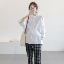 Pregnant womens autumn jacket long sleeve Korean version of the tide fashion commuter professional white shirt loose breastfeeding stand collar shirt
