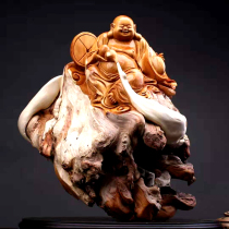 Taihang cliff Maitreya Buddha wood carving ornaments log root carving full of tumor scars aged material laughing Buddha statue big belly
