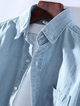 Japanese denim shirt mens spring and autumn retro casual long sleeve inch shirt youth trend loose washed cotton shirt