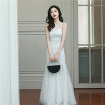Evening dress women Summer banquet 2021 new high-end design sense niche white fishtail suspender long dress wedding dress