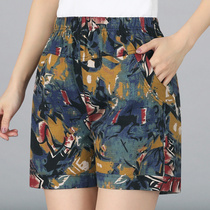Middle-aged mother shorts women wear loose large size five-point pants outside the summer cotton and hemp middle-aged summer casual flower pants