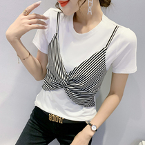 European station summer new striped stitching T-shirt womens short-sleeved fake two-piece top Western style slim-fit half-sleeved small shirt tide