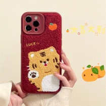 Apple 13 phone shell 12 tiger years red plush embroidery cute tiger iphone11promax protective sleeve xsmax new x autumn winter xr lens 8plus full package 7