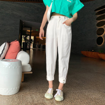Li Xiaolu high waist white nine-point jeans womens summer thin section small man bunched dad pants loose pencil pants tide