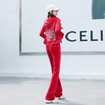 Velvet Leisure Sports Set Women Spring and Autumn 2021 New Printed Red Velvet Slim Two-piece Set