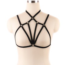 Women Elastic Black Strappy Cupless SM Bra Harness Body Bond