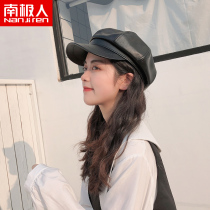 Antarctic hat female autumn and winter Korean version of wild black PU leather octagonal hat British retro duck tongue beret tide