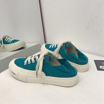 2021 summer new thin half-drag canvas shoes womens shoes versatile one pedal lazy shoes two wear board shoes