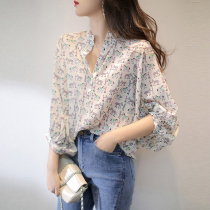 Printed bubble sleeve chiffon top ladies early autumn new fashion loose casual design sense niche chic shirt